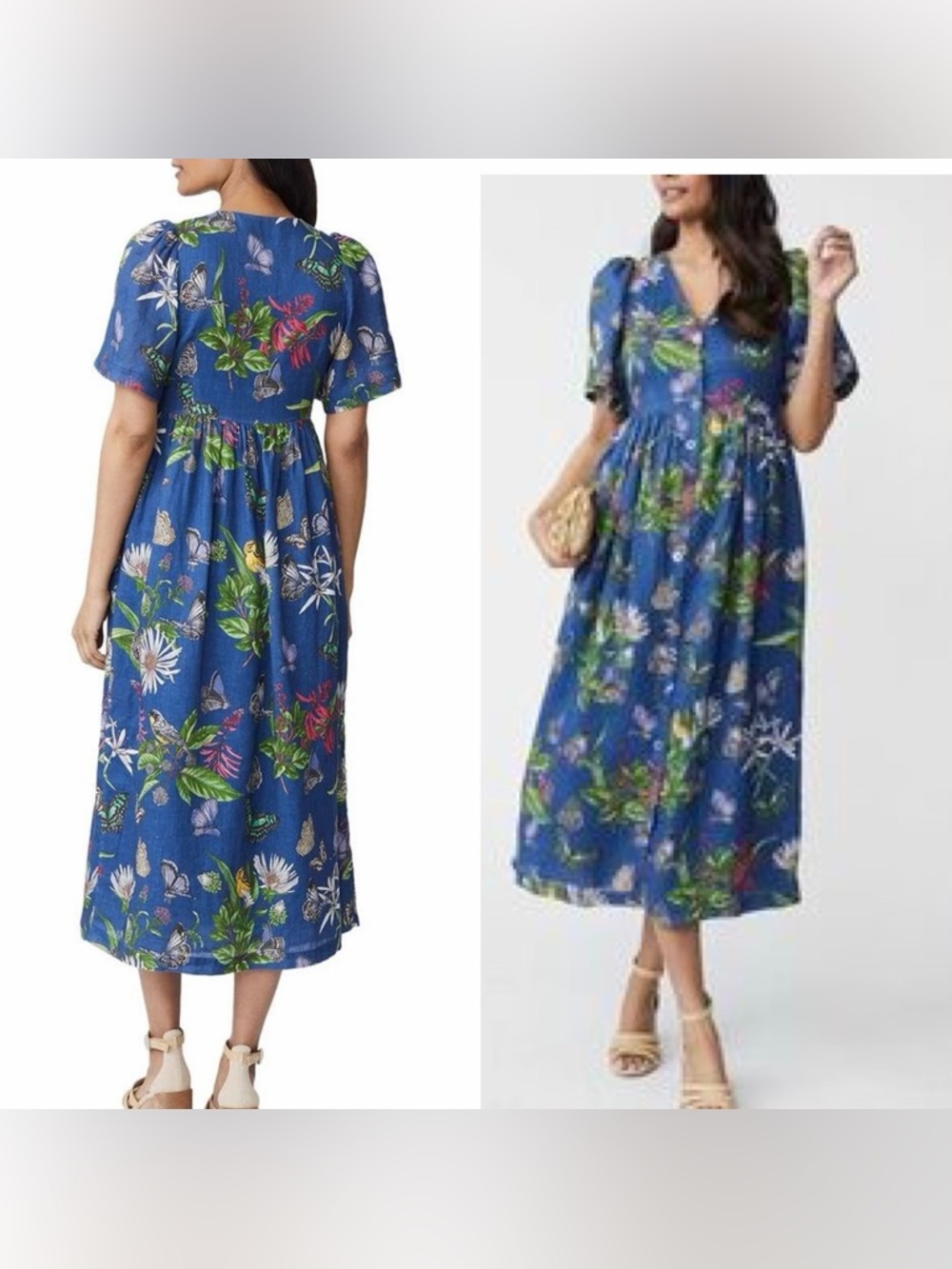 J. Mclaughlin Annora Linen Jardin Mariposa Floral Button up Sleeve Midi Dress M